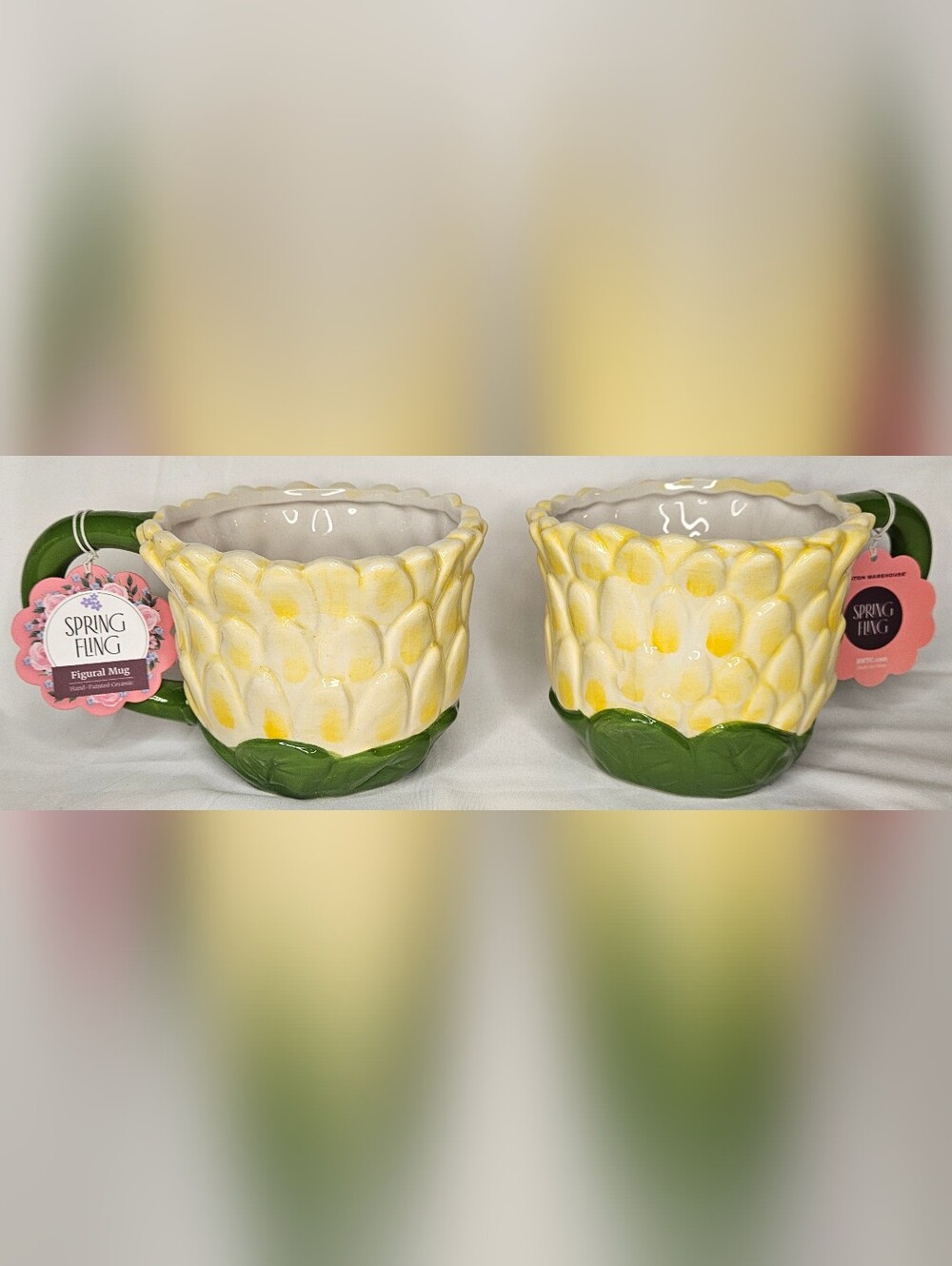 Set of 2 Spring Fling Hand-Painted Ceramic Figural Mugs | Floral Design | NWT